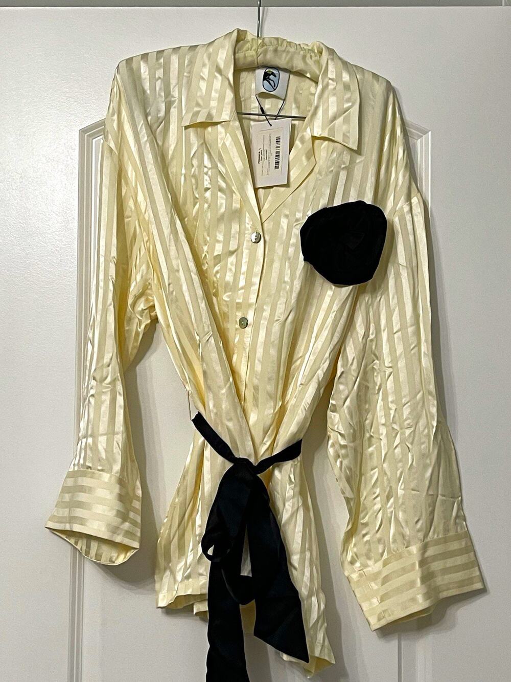 Sleeper Women L Cream/Black Striped Satin Viscose Belted Kimono Robe